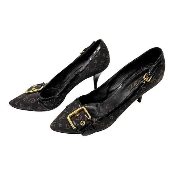 Louis Vuitton Monogram Buckle Pumps Brown Canvas Logo Stiletto Heels 38.5 EU - Picture 4 of 13